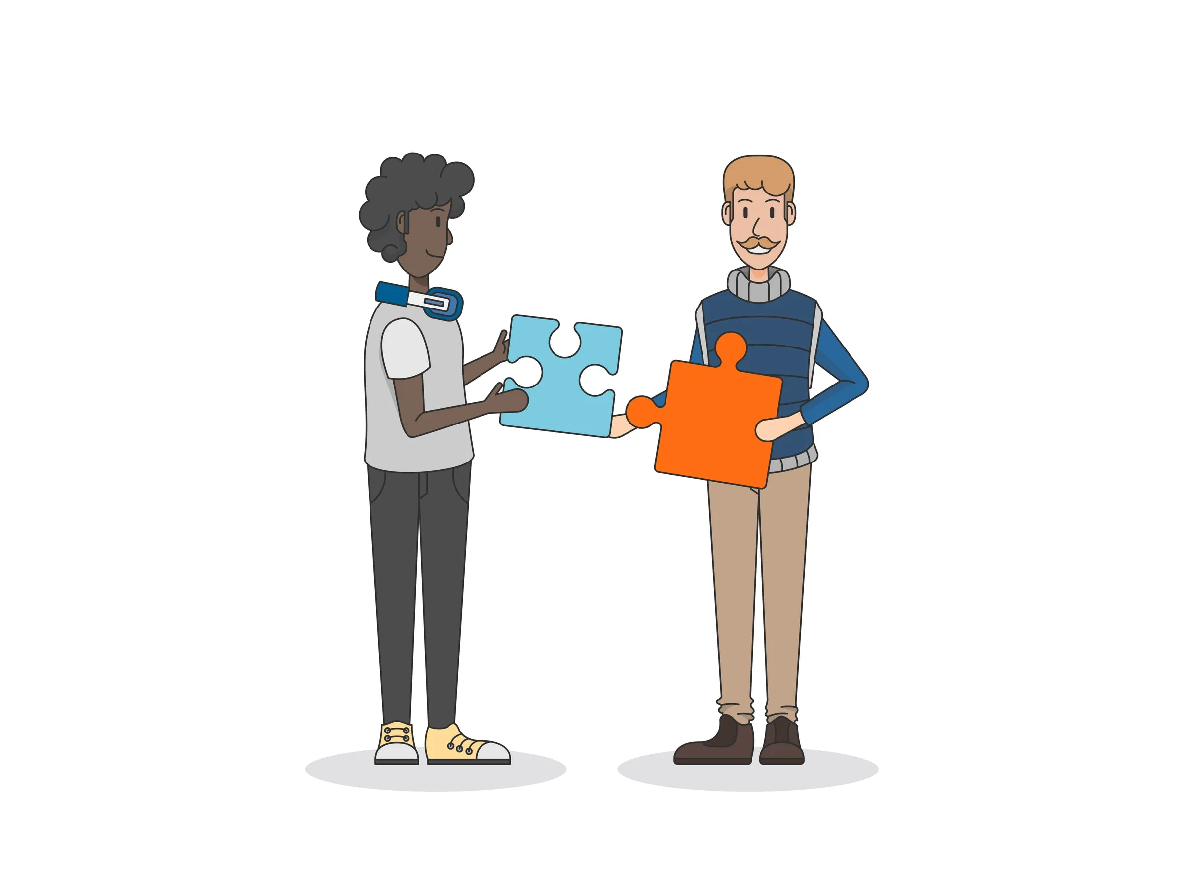 Two people fitting two puzzle pieces together